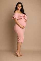 Wholesale Price Dusty Pink 4-Way Poly Lycra Off-Shoulder Ruffle Maternity Short Midi Dress Order Simple