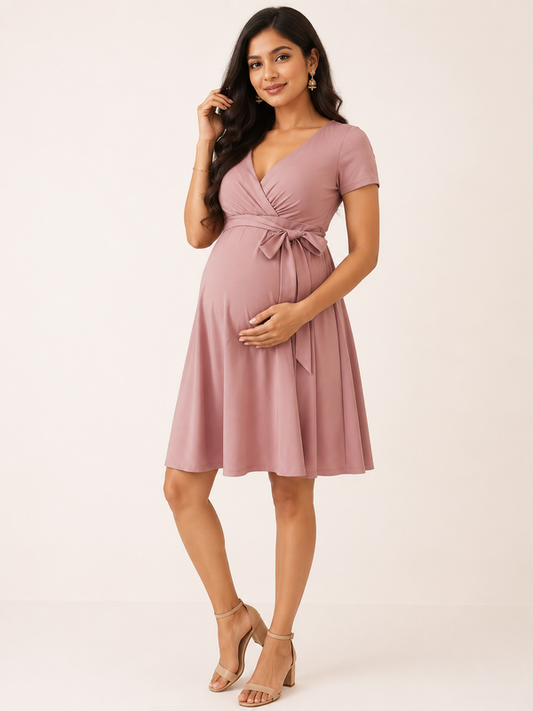 Wholesale PriceDusty Pink 4-Way Poly Lycra Maternity Knee-Length Wrap Dress Order Sample
