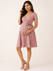 Wholesale PriceDusty Pink 4-Way Poly Lycra Maternity Knee-Length Wrap Dress