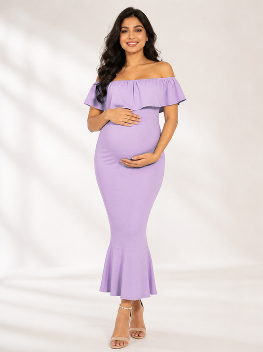 Wholesale Price Lavender 4-Way Poly Lycra Off-Shoulder Maternity Long Midi Dress