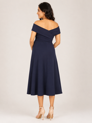 Wholesale Price Navy Blue 4-Way Poly Lycra Off-Shoulder Maternity Short Midi Dress
