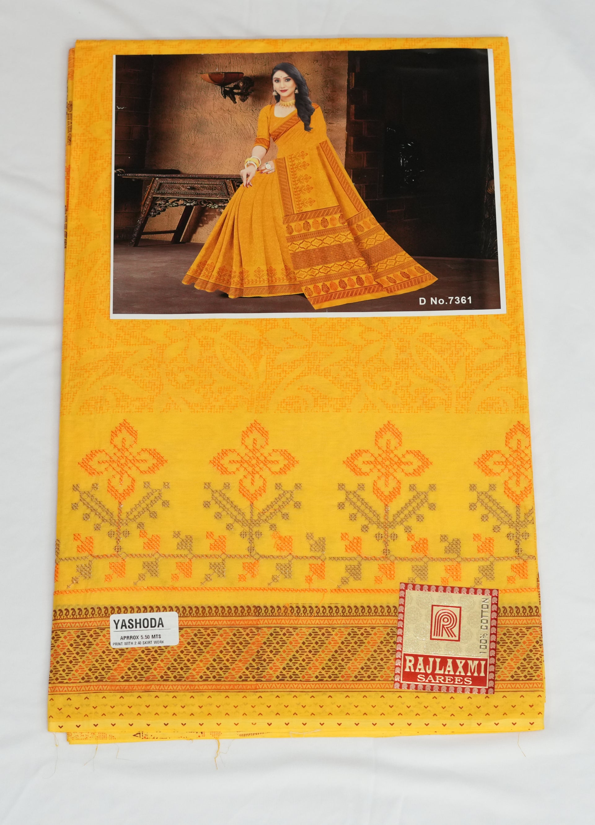 Yellow fabric with printed patterns and a photo of a woman in a yellow saree on a white background