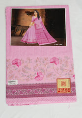 Pink saree with floral patterns on a white background