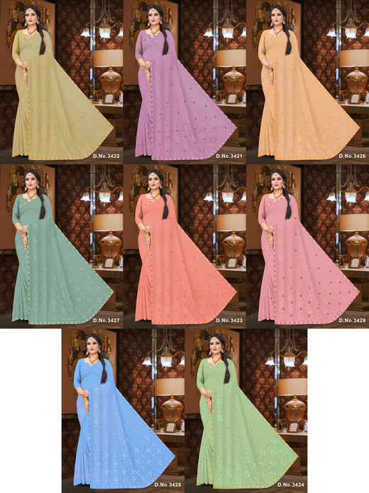 Set of 8 Sarees - Kiwi Pure Cotton Embroidered Saree