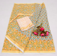 Wholesale Quantity Pure Cotton Kota Saree With Block Printed Design - Peach Color