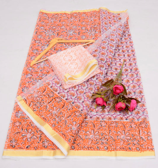 Wholesale Quantity Pure Cotton Kota Saree With Block Printed Design - Peach Color