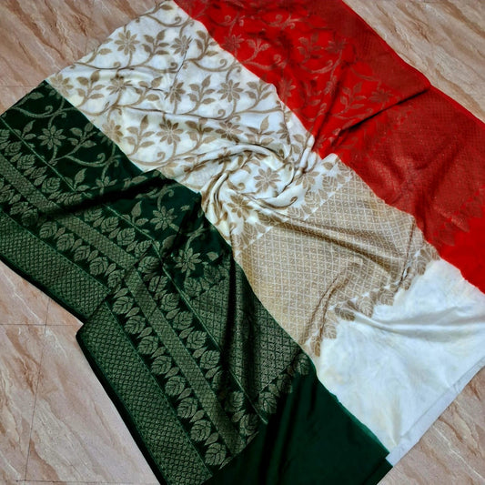 Bulk Quantity Banarasi Dupion Silk Zari Woven Saree (MOQ 10 Sarees) - Tri Color for Independance Day