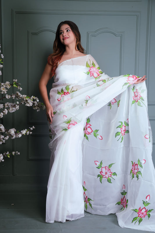 Wholesale Price Hand Painted Organza Saree