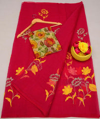 Wholesale Quantity Kota Doria Floral Embroidered Saree - Pinkish Red Color