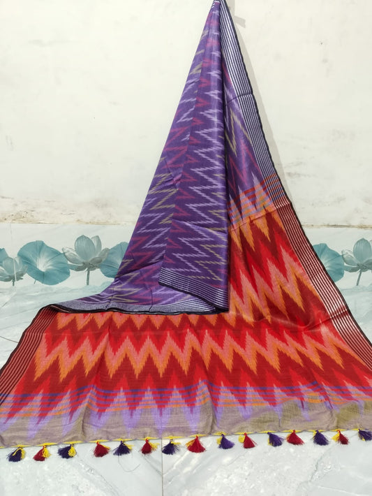 Wholesale Price Linen Cotton Ikkat Print Saree
