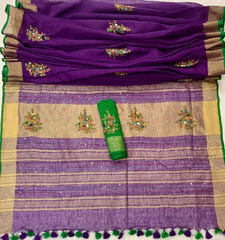 Bulk Quantity French Knot Embroidered Pure Linen Saree