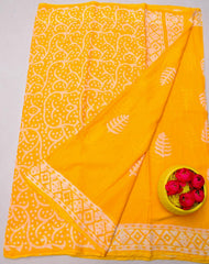 Wholesale Quantity MulMul Pure Cotton Hand Batik Print Saree - Yellow Color