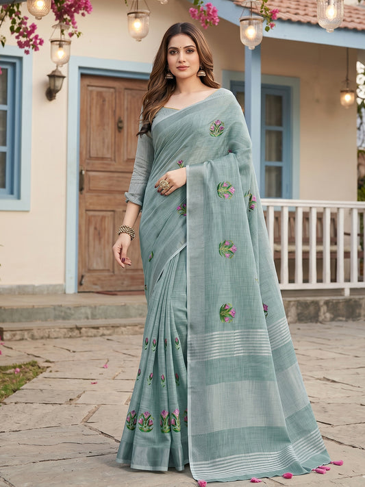Wholesale Price Linen Saree with Floral Embroidery Border & Tassels