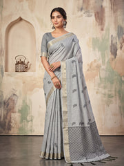 Wholesale Quantity Cotton Linen Geometric Buti Woven Saree with Chevron Pallu