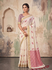 Wholesale Quantity Cotton Linen Geometric Buti Woven Saree with Chevron Pallu