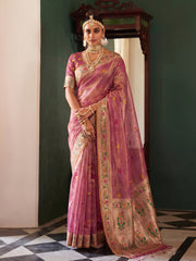 Wholesale Quantity Tissue Silk Floral Buti Woven Saree with Contrast Floral Pallu