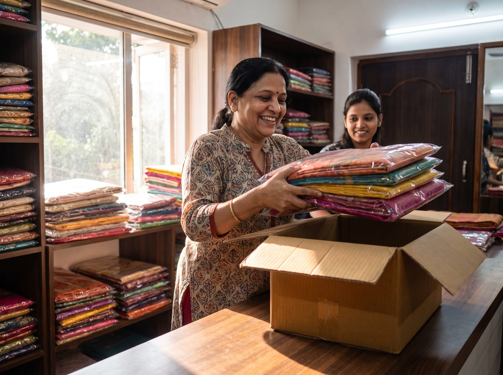 Boutique owner unpacking a delivered carton of sarees at her shop counter