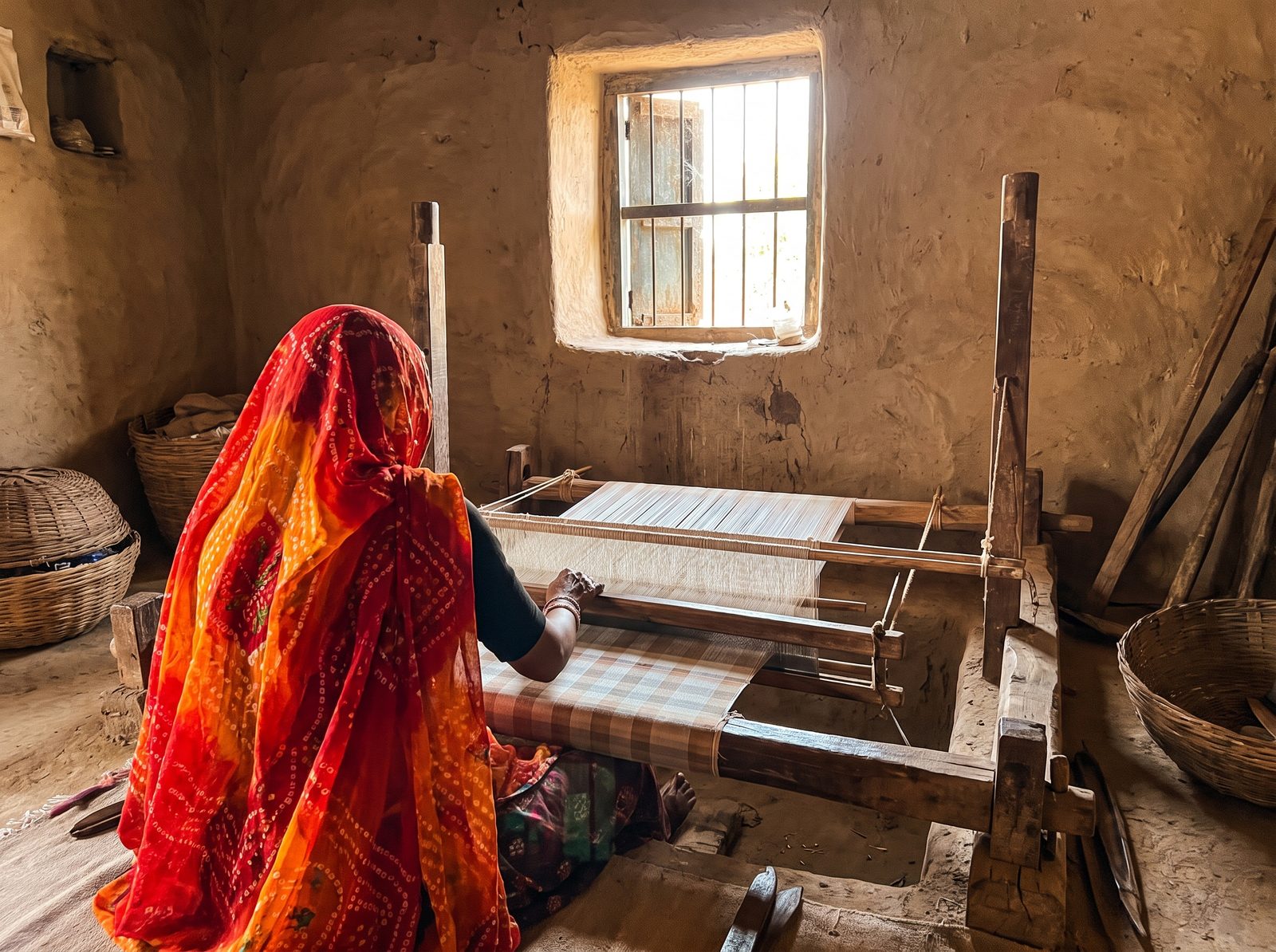 Weaver at a pit loom weaving Kota Doria fabric in Kota, Rajasthan