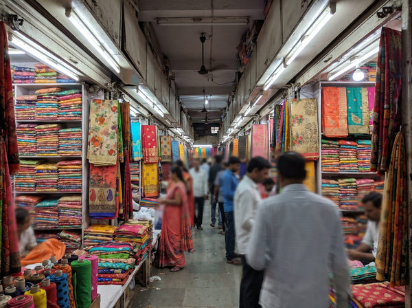 Saree stock at a wholesale textile market in Surat, Gujarat