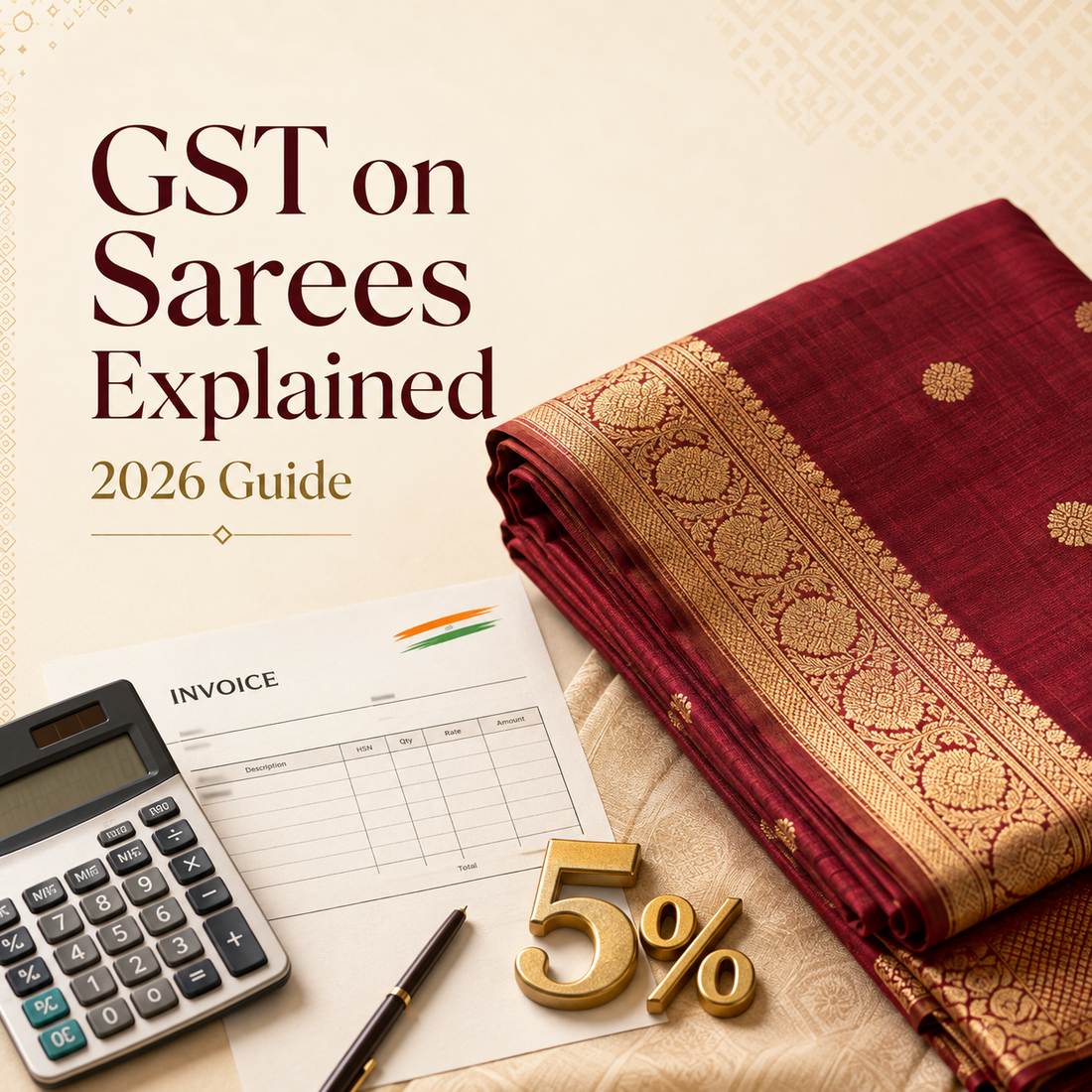 GST on sarees in India explained with a saree, invoice, calculator and 5% GST symbol