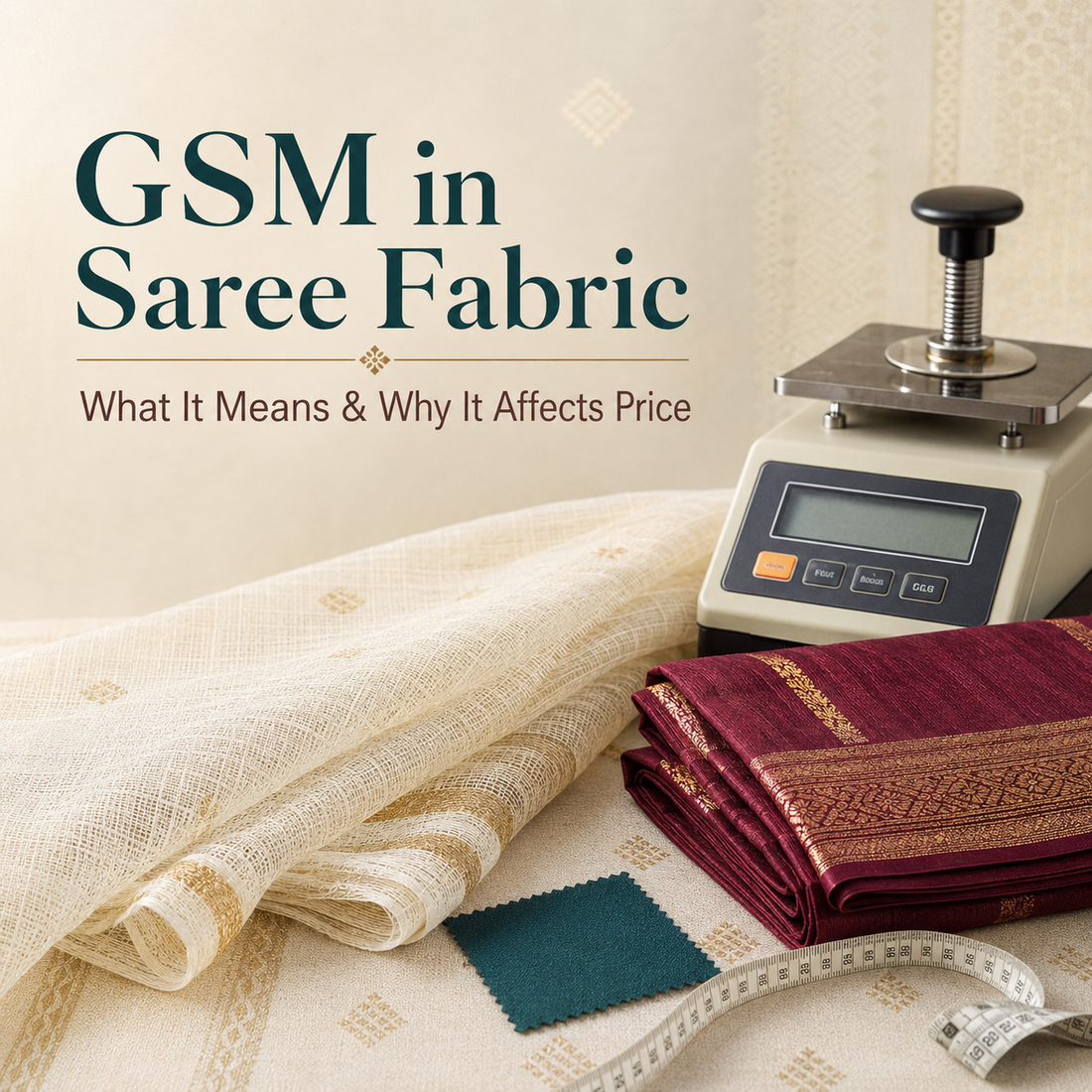 GSM in saree fabric explained with lightweight and structured sarees, a textile scale and measuring tape
