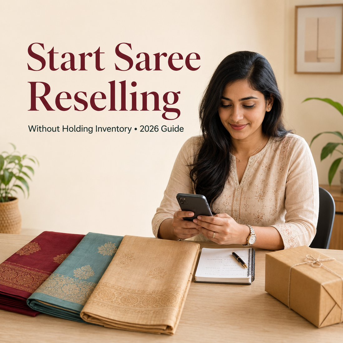 Indian entrepreneur managing saree pre-orders from home with three saree samples and a packed customer parcel