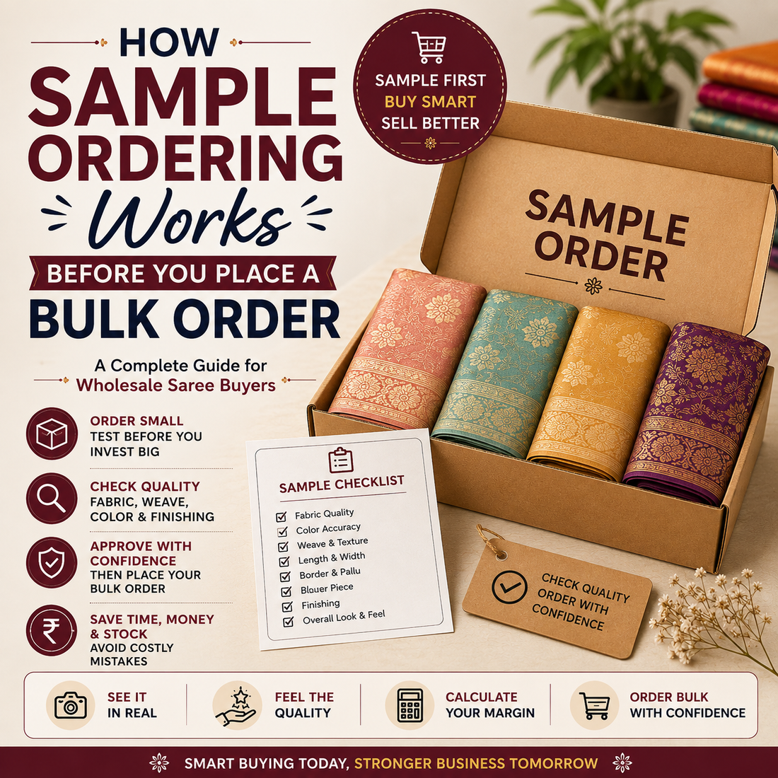 Wholesale saree sample-ordering guide showing folded sarees, a sample checklist, quality checks and steps to approve products before bulk buying.