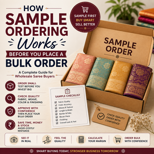 Wholesale saree sample-ordering guide showing folded sarees, a sample checklist, quality checks and steps to approve products before bulk buying.
