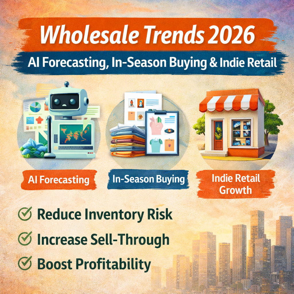 Wholesale Trends 2026 highlighting AI-driven forecasting, in-season buying, capsule collections, and indie retail partnerships to improve inventory management and wholesale profitability.