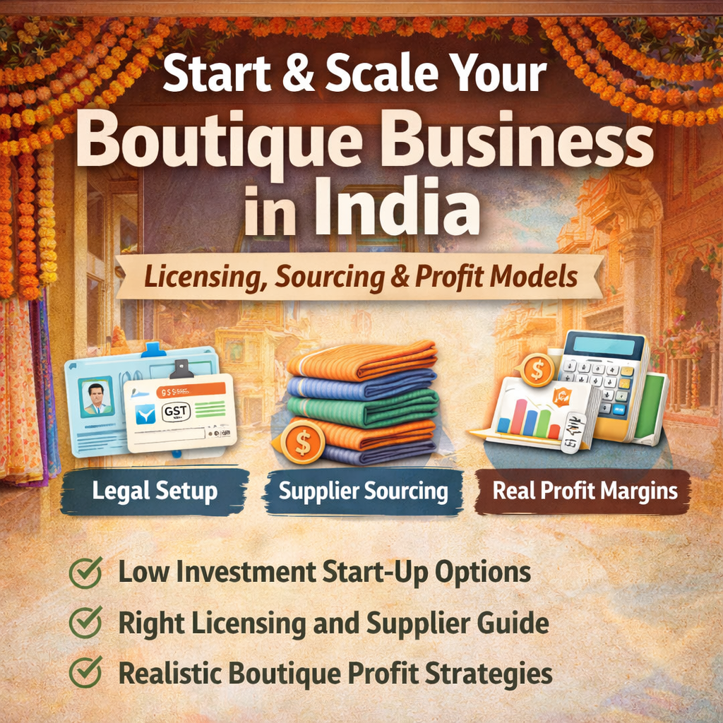 Square Instagram image for “Start & Scale Your Boutique Business in India” featuring licensing requirements, wholesale supplier sourcing, and boutique profit model strategies with ethnic fabric visuals and business icons.