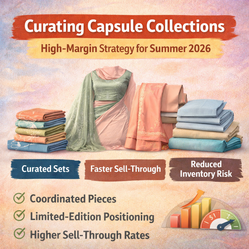 Square Instagram image highlighting high-margin capsule collection wholesale strategy for Summer 2026 with coordinated sarees, curated sets, limited-edition positioning, and improved sell-through for boutique retailers.