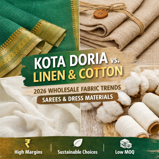 Kota Doria vs linen and cotton fabric comparison for 2026 wholesale saree and dress material trends, showing breathable textiles, sustainability, and high-margin fabrics for B2B buyers.