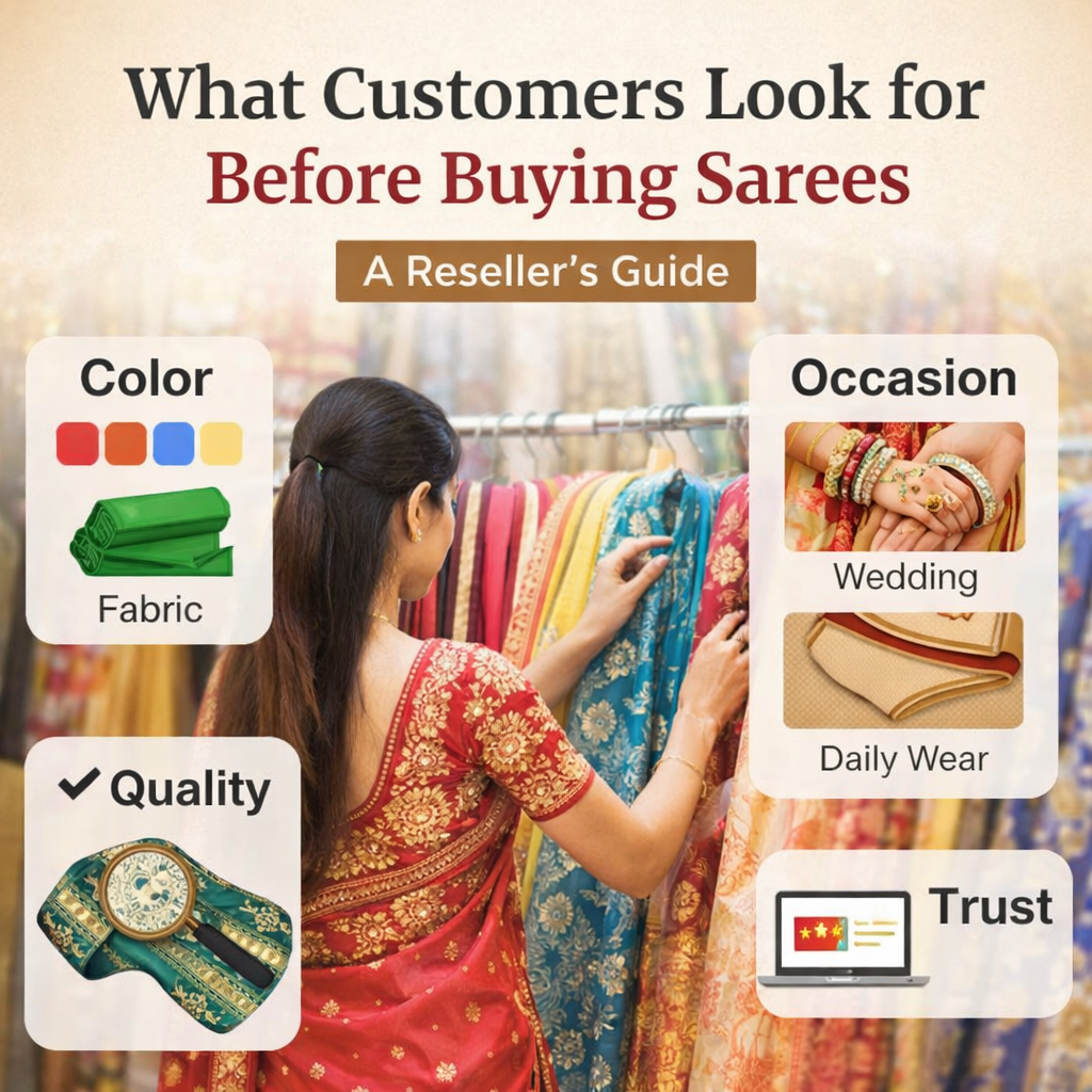 Woman shopping for sarees in store with visual labels for color, fabric, occasion, quality, and trust in a reseller-focused saree buying guide graphic
