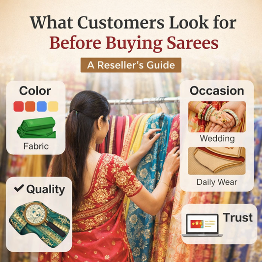 Woman shopping for sarees in store with visual labels for color, fabric, occasion, quality, and trust in a reseller-focused saree buying guide graphic