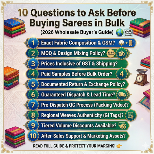 Infographic outlining 10 essential questions for wholesale saree buyers in 2026, covering fabric GSM, MOQ rules, GST calculations, and regional weave authenticity.