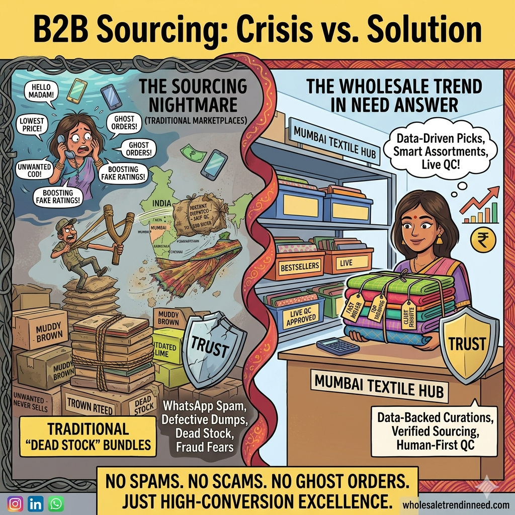 A square comic illustration contrasting chaotic, scam-filled B2B sourcing nightmares on the left with reliable, data-driven "Trend In Need" solutions from the Mumbai hub on the right, under the title "B2B Sourcing: Crisis vs. Solution.