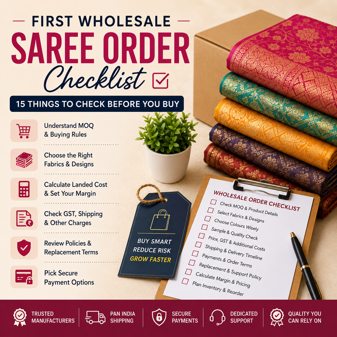 First wholesale saree order checklist infographic with folded sarees, MOQ, fabric, GST, shipping, margin, payment and replacement checks.