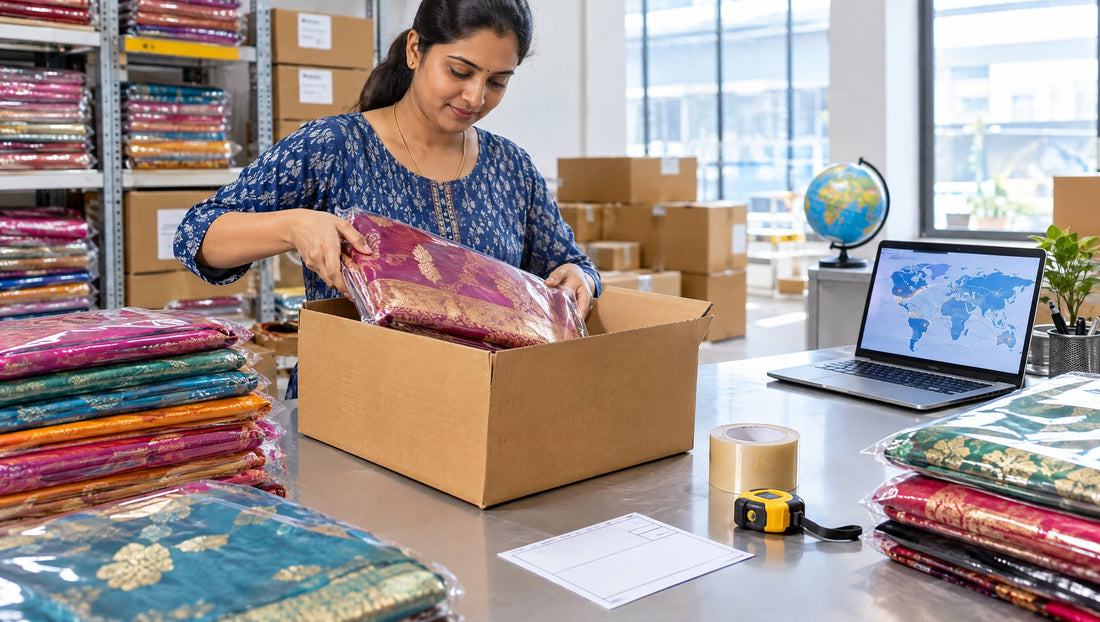 Sarees packed in protective sleeves into an export carton with a world map on a laptop