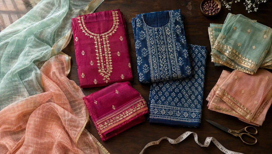 Unstitched Rajasthani suit sets: Kota Doria checks, gota patti work and hand block print with dupattas