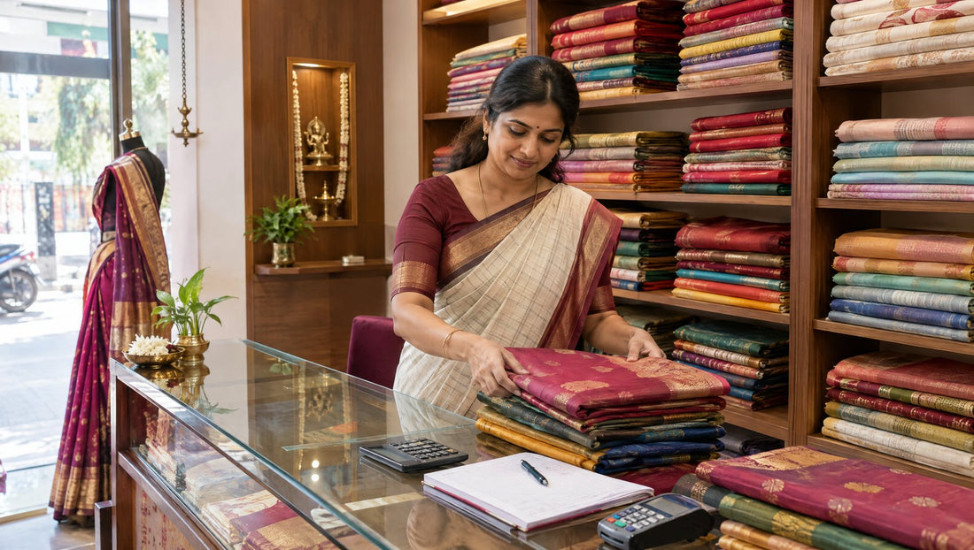Owner arranging sarees in a newly opened saree shop in India, with a counter, calculator and ledger
