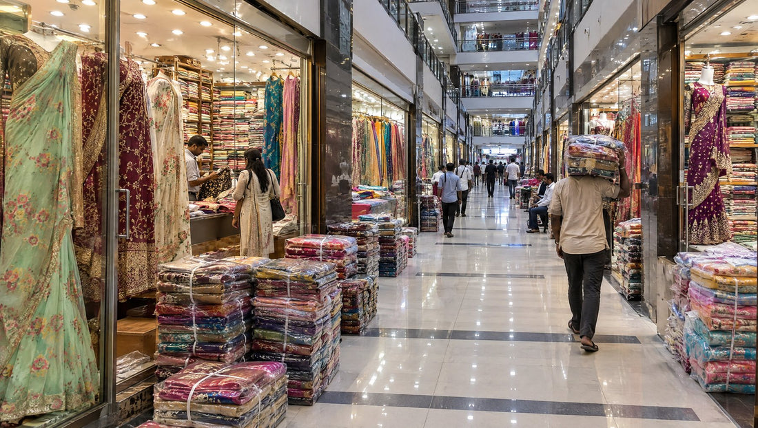 Corridor of wholesale saree shops in a Surat textile market with printed and embroidered sarees and bundles