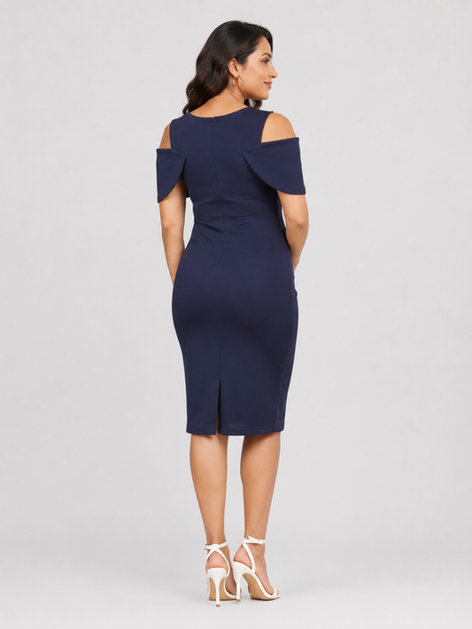 Wholesale Price Navy Blue 4-Way Poly Lycra Cold-Shoulder Maternity Short Midi Dress