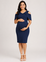 Wholesale Price Navy Blue 4-Way Poly Lycra Cold-Shoulder Maternity Short Midi Dress Order Sample