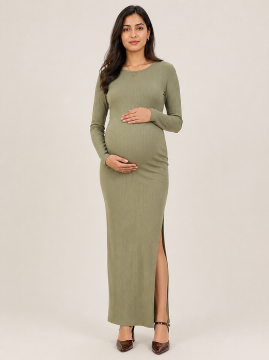 Wholesale Price Olive Green 4-Way Poly Lycra Ribbed Maternity Long Midi Dress