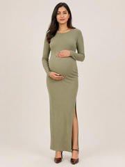 Wholesale Price Olive Green 4-Way Poly Lycra Ribbed Maternity Long Midi Dress