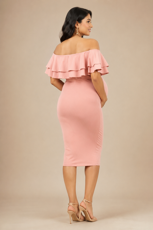 Wholesale Price Dusty Pink 4-Way Poly Lycra Off-Shoulder Ruffle Maternity Short Midi Dress