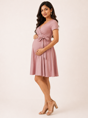 Wholesale PriceDusty Pink 4-Way Poly Lycra Maternity Knee-Length Wrap Dress