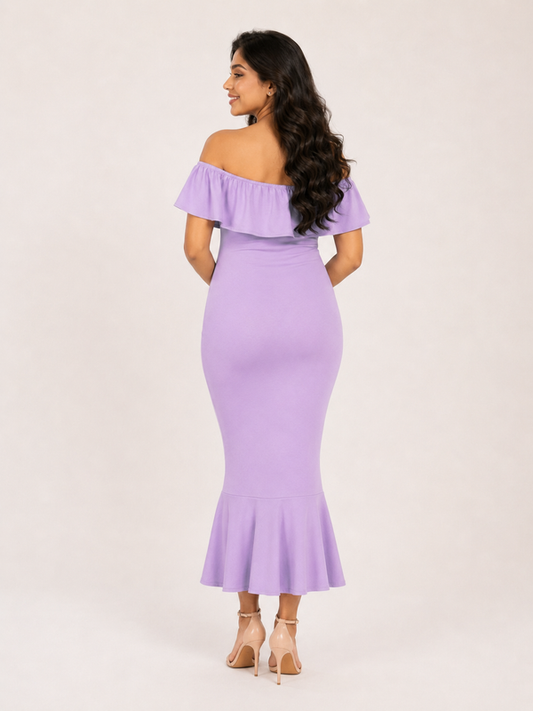 Wholesale Price Lavender 4-Way Poly Lycra Off-Shoulder Maternity Long Midi Dress