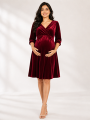 Wholesale Price Burgundy 4-Way Poly Lycra Maternity Short Midi Dress