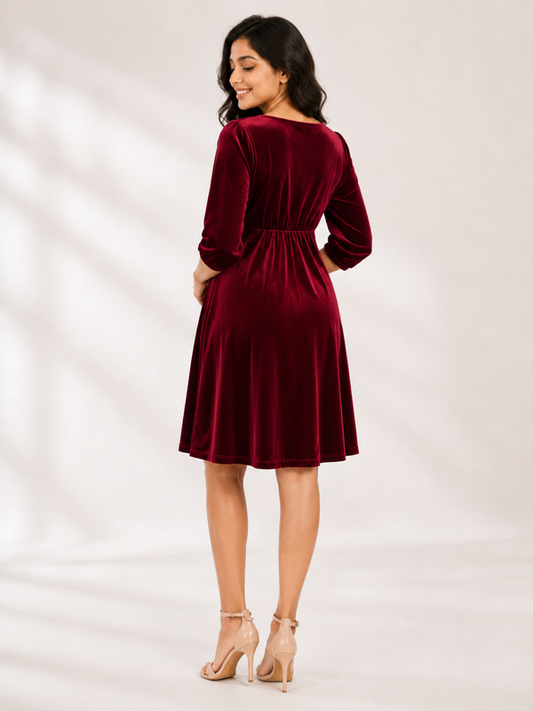Wholesale Price Burgundy 4-Way Poly Lycra Maternity Short Midi Dress